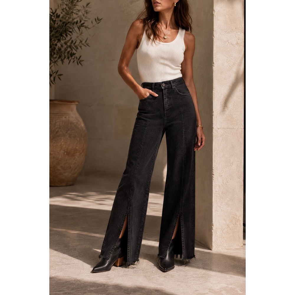 Etica Astrid Split Hem Wide Leg Jeans High‎ Rise Black Rock Raw Hem 29